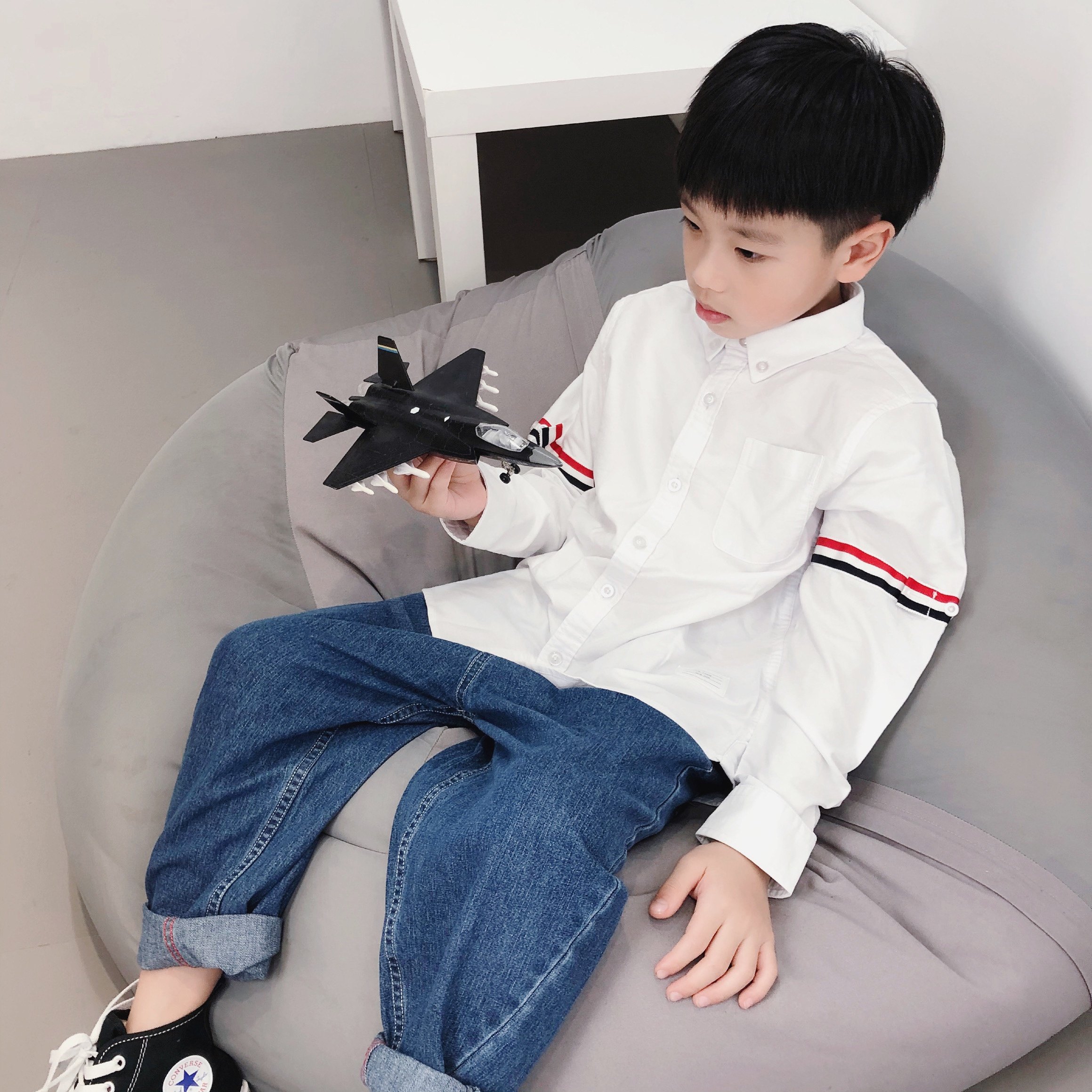 ENOCHBABY Spring and Autumn New Boys and Girls Pure Cotton Oxford Long-sleeved Shirt Webbing Bottom White Shirt