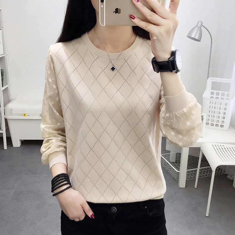 Hollow-Out Knitted Sweater for Women, 2024 Spring and Autumn New Korean Style Versatile Base Shirt, Thin Lace Top for Women