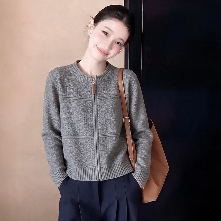 Gray Commuter Style Zipper Sweater Cardigan Jacket Women's Autumn Korean Style Slim Fit Knitted Top