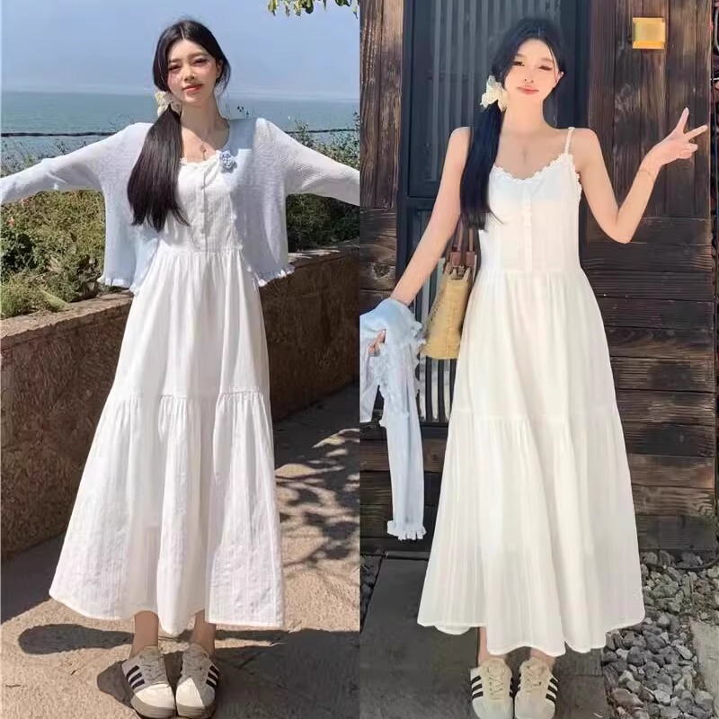 Gentle First Love Style White Spaghetti Strap Dress, Elegant Outfit That Makes You Look Slim, Gentle Style, Summer White Dress, Long Dress, Women's Dress