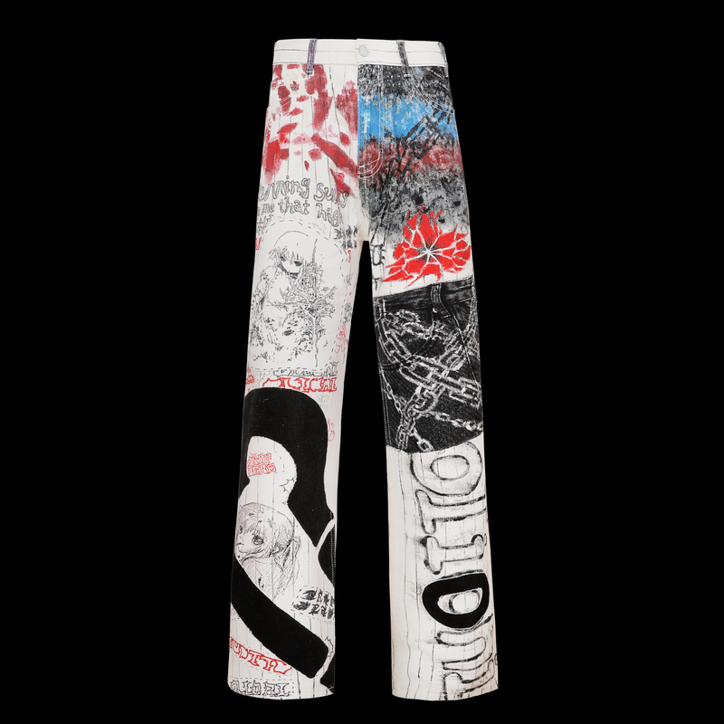 Olioni Graffiti Two-Dimensional Yabi Culture Heavy Print Remake Slim Straight Leg Slimming Long Jeans