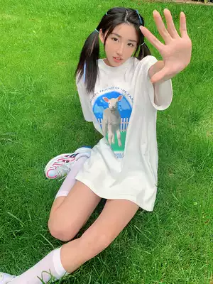 AE6604 farm tales lamb print short sleeve T-shirt men's and women's round neck cotton loose National Tide brand coat couple