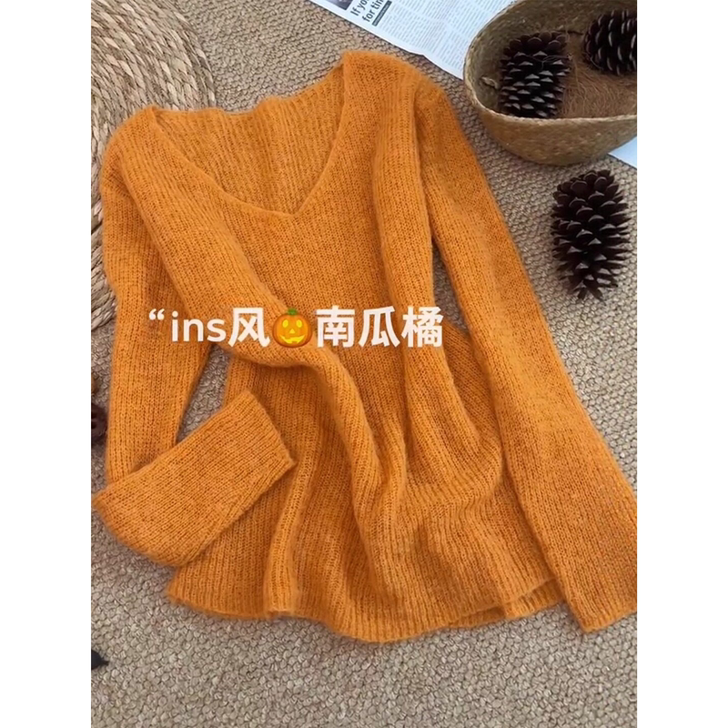 High-End V-Neck Orange Knit Sweater 2026 Early Autumn New Plus-Size Women's Clothing Loose Lazy Style Top for Plus-Size Women High-End V-Neck Orange Knit Sweater 2026 Early Autumn New Plus-Size Women's Clothing Loose Lazy Style Top for Plus-Size Women