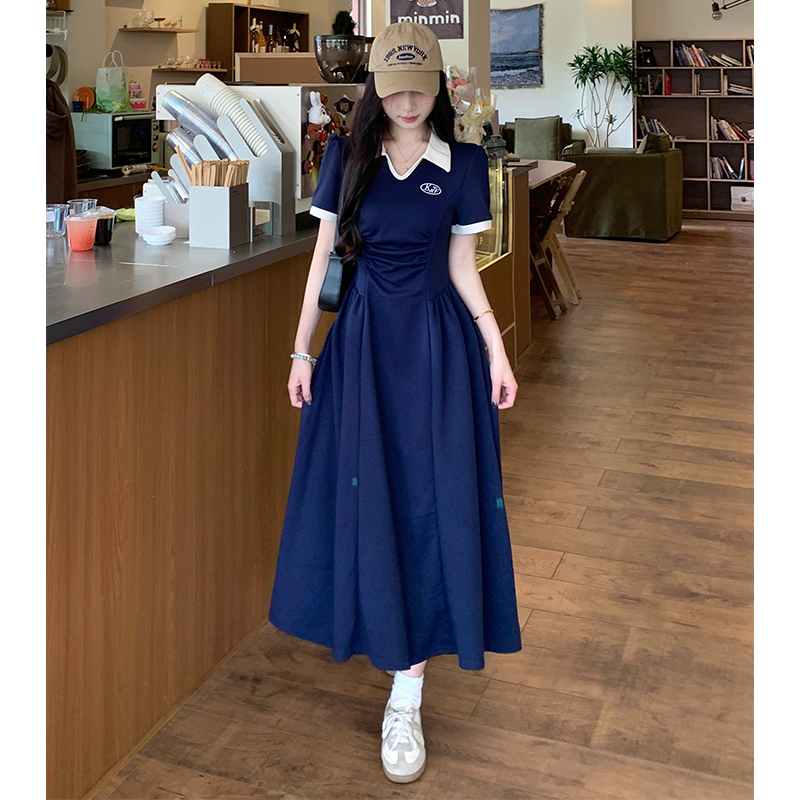 Plus Size Women's Summer Casual Sports Blue T-Shirt Dress, Fat mm (Short for Plus Size) Belly-Covering Slimming A-Line Waist-Cinching Polo Dress