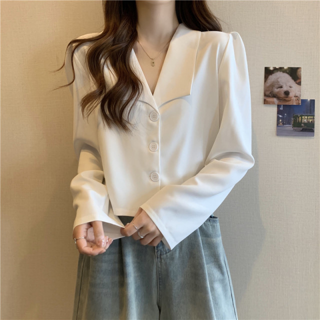 Large size fashionable white long-sleeved shirt for women in spring and autumn fat mm slim short suit jacket high-end top