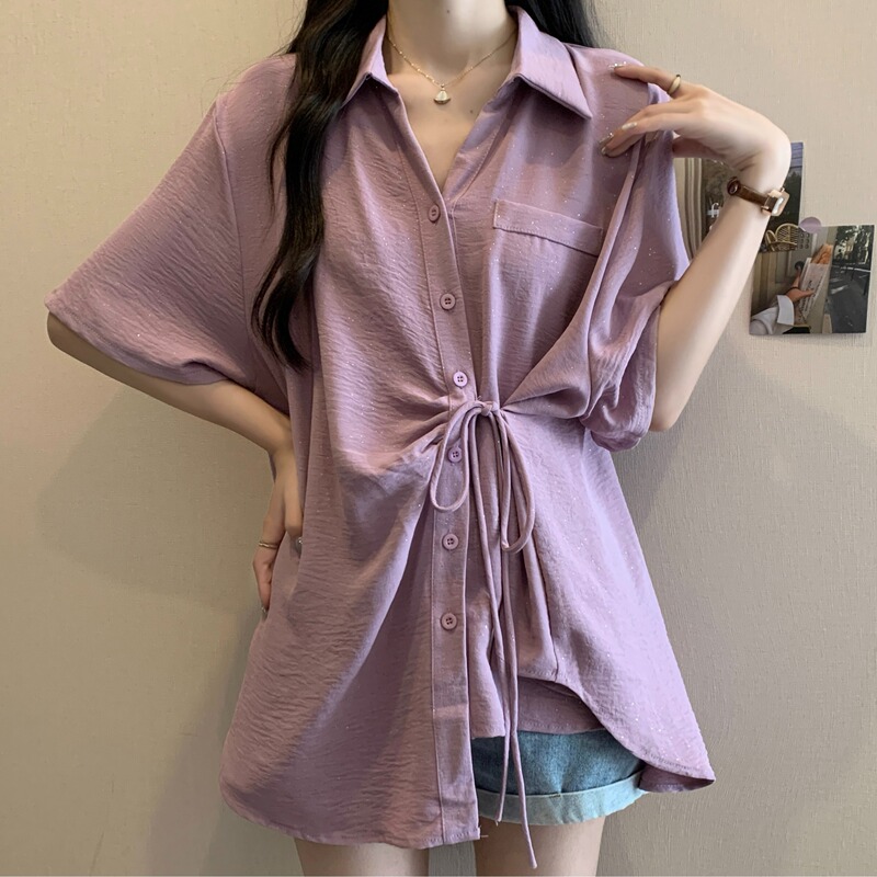 Plus-Size Youthful and Stylish Irregular Design Short-Sleeve Shirt for Women, Summer, Slimming Waist, High-End Feel Top