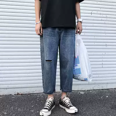 Ripped jeans men's trendy brand net red summer pants shake nine points straight loose loose sense wide-legged dad Hong Kong style