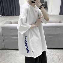 Short-sleeved T-shirt mens trendy Hong Kong style loose clothes ins Joker Ice Silk personality fashion irregular youth