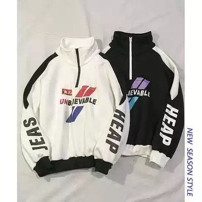 Half-zipper sweater Men's ins Hong Kong style hooded jacket Couple spring Korean version of hip-hop loose tide brand spring and autumn