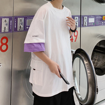 Tooling short sleeve T-shirt men ins Tide brand trend fake two top sleeve hip hop half sleeve Harajuku style 2021 New