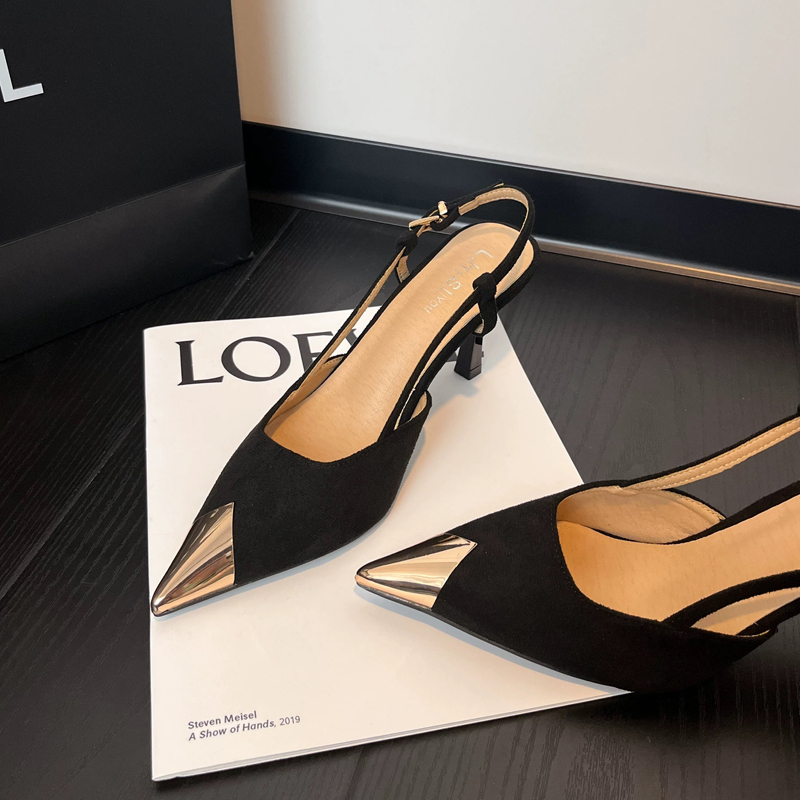 Yang Shulin Style Metal Square-Toe Sexy Backless Fashion Sandals for Women, Black Patent Leather Stiletto High Heels