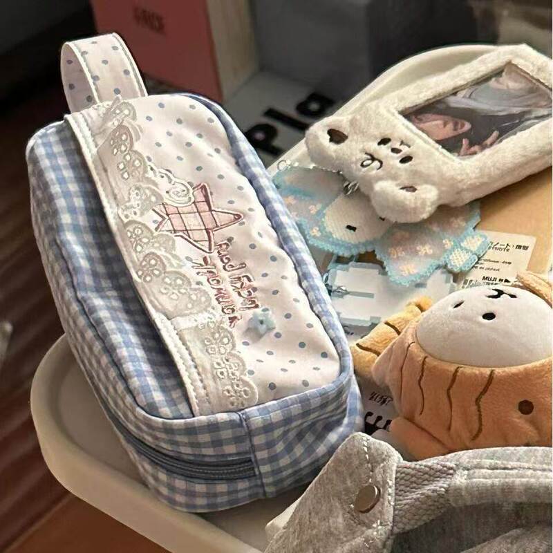 Blue and White Lace Pencil Case ins Japanese-Style Cute High-Value Hand-Held Cosmetic Bag for Girls Travel Miscellaneous Storage