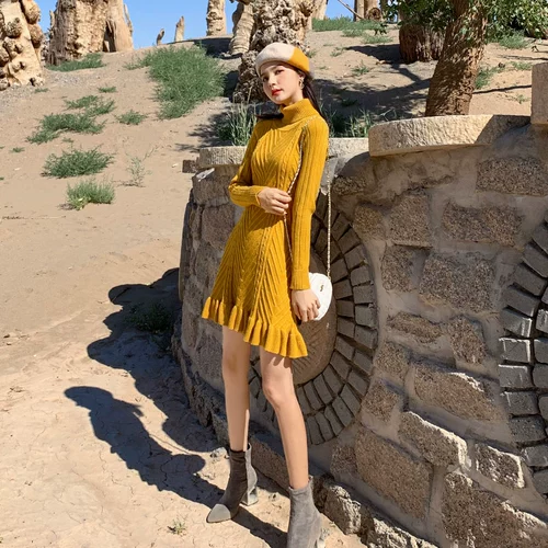 Демисезонный свитер, демисезонное трикотажное шерстяное платье, подходит для подростков, облегающий крой