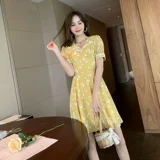 Платье, ретро юбка, приталенный желтый шифоновый корсет, в цветочек, коллекция 2021, французский стиль, подходит для подростков