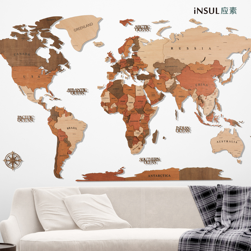 Insul Nordic World 3D Solid Wood Map Wall Sticker Wall Decoration Creative Living Room Background Wall