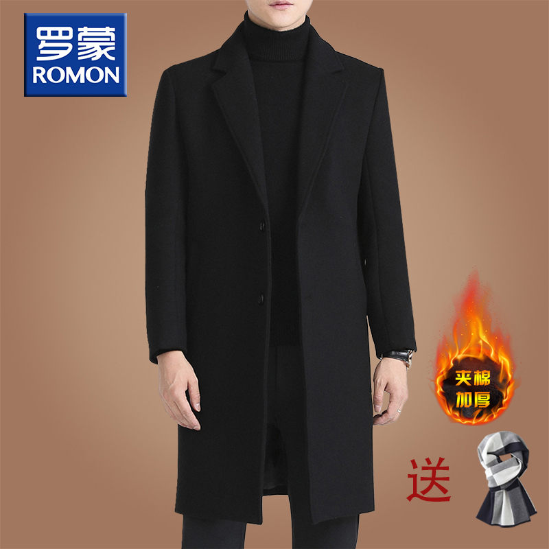 Roemon wool Big coat men's mid-winter season thickened cashmere windcoat men's Korean version casual Hooded Jacket Man-Taobao