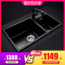 German Hanmo quartz stone kitchen sink large double tank wash basin black granite sink set