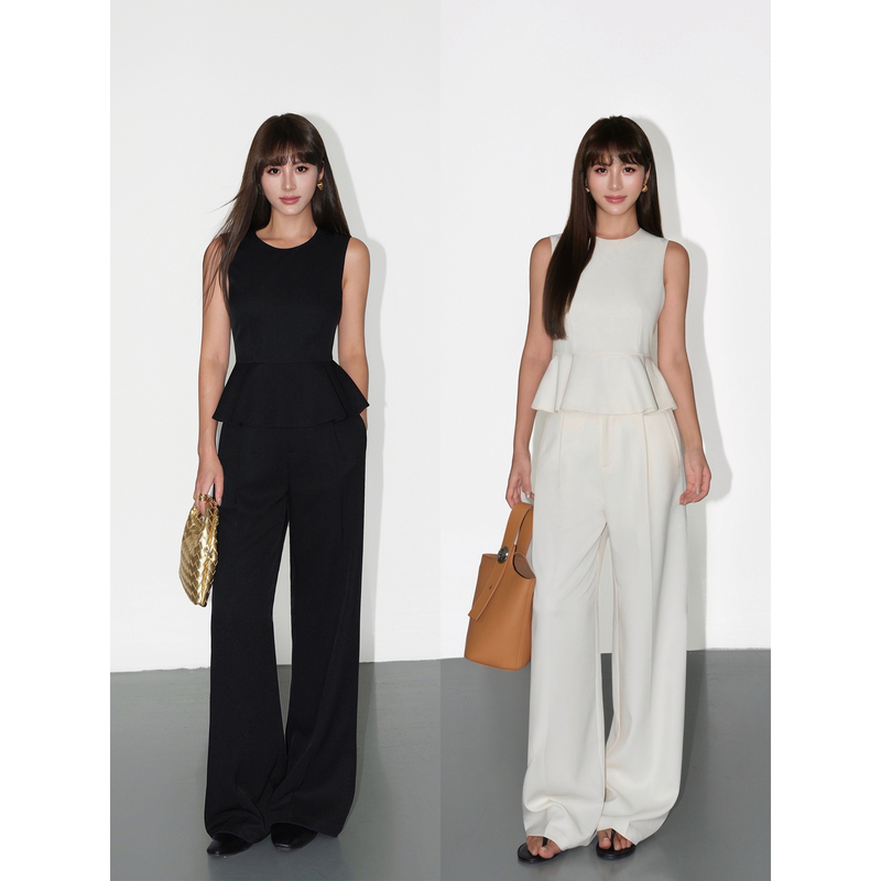 Neva Hu High-End Suit, Feminine Tank Top, Ruffled Sleeveless Top, High-Waisted Wide-Leg Casual Pants Neva Hu High-End Suit, Feminine Tank Top, Ruffled Sleeveless Top, High-Waisted Wide-Leg Casual Pants