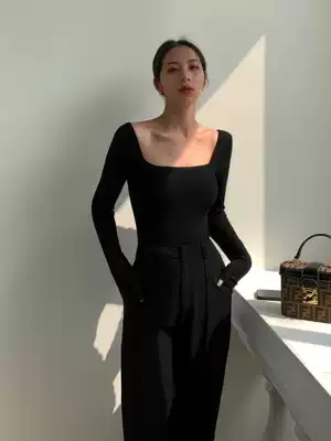 HUYIFAN knitted long sleeve T-shirt base shirt women Autumn New High waist short square collar temperament slim top