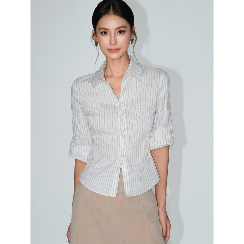 Neva Hu Office Siren Commuting Striped Shirt Women's High-Sense Shirt Elegant Slim-Fit Top Neva Hu Office Siren Commuting Striped Shirt Women's High-Sense Shirt Elegant Slim-Fit Top