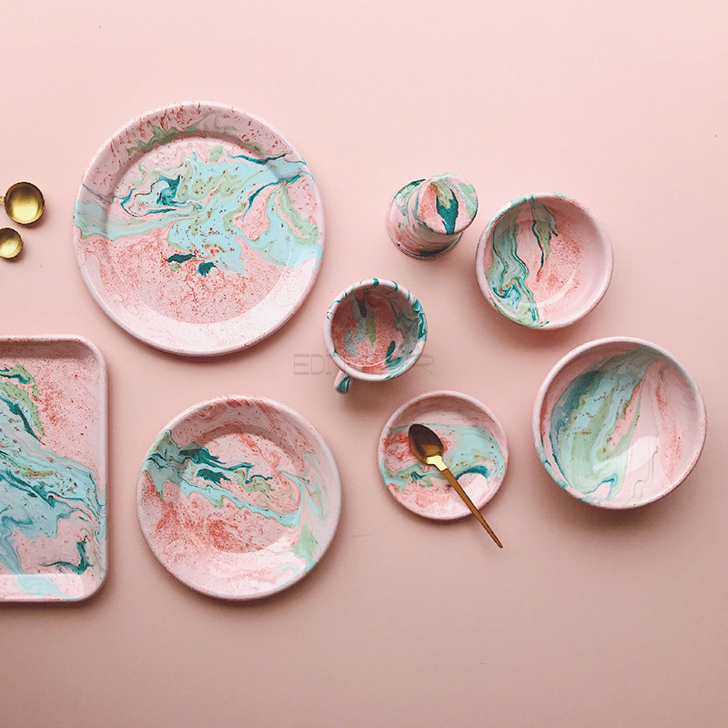 Spot EDITOR01 Turkish BORNN Marble blush pink series enamel dinner plate Mark cutlery