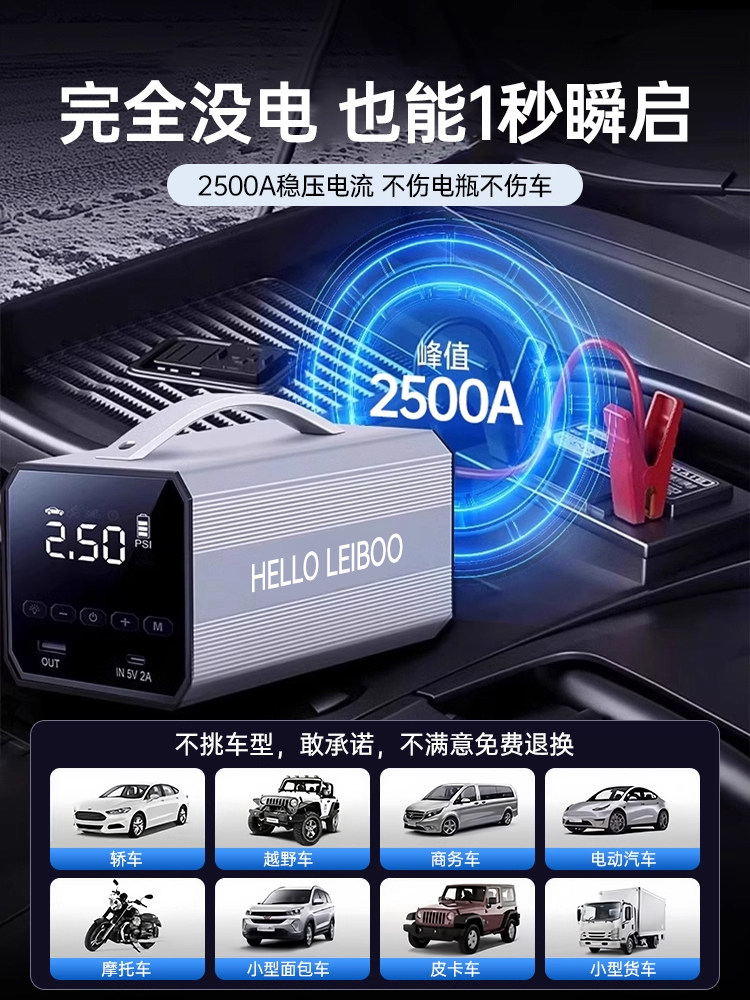 Car Air Pump, Electric Tire Inflator, Emergency Jump Starter, All-In-One Device with Power Bank and Ignition Tool