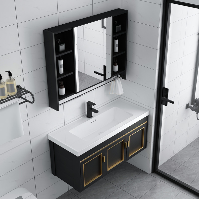 Small apartment aluminum ultra-narrow side slender type width 40cm deep one-piece ceramic wash hand basin pool basin bathroom cabinet combination