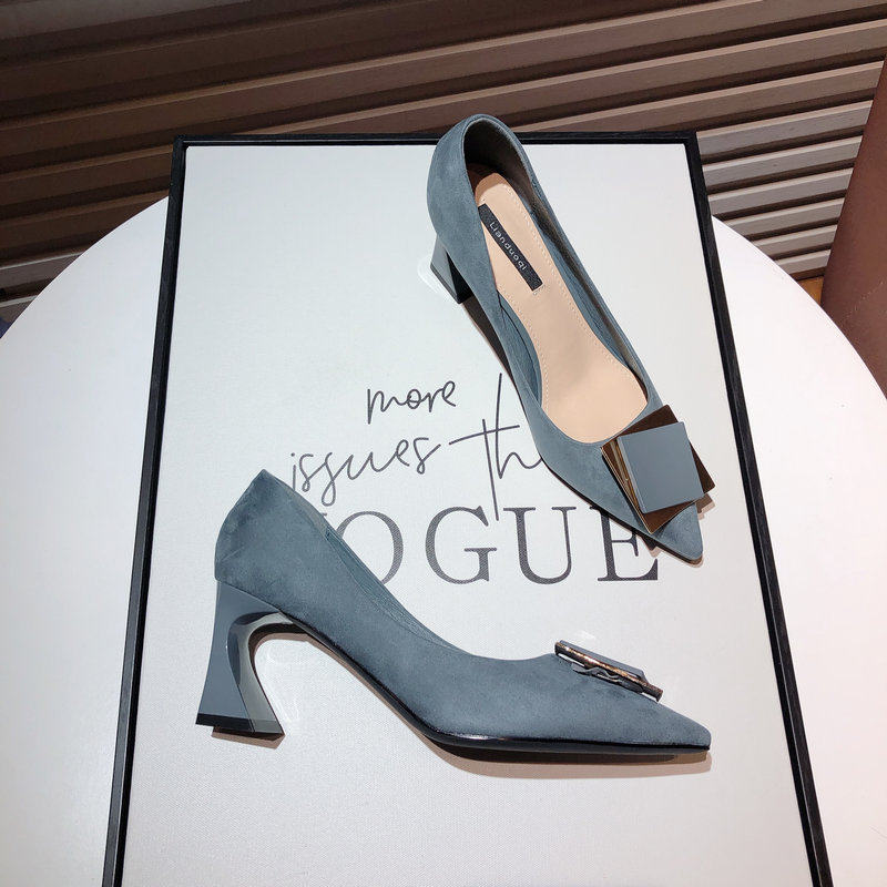 Gulvdinel Korean version of small fresh pure love high heels women's thick heel frosted temperament blue square buckle pointed toe bag shoes