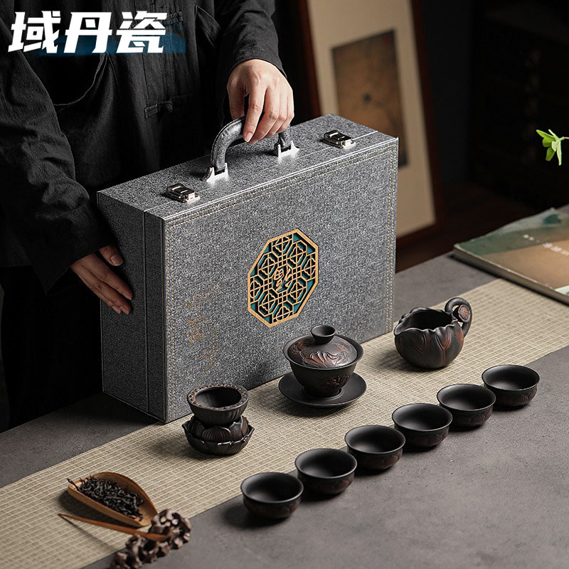 Domain Tan Porcelain Purple Pottery Retro Qigong Fu Tea Suit Home Purple Sand Tea Pot Tea Master's Cup Courtesy Kit-Taobao