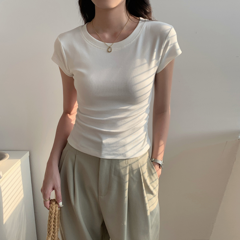 White Round Neck Short-Sleeved T-Shirt for Women, Summer 2026 New Design, Niche Style, Regular Shoulder, High Waist, Waist-Cinching Top