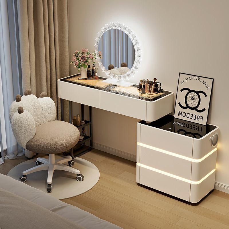 Solid Wood Smart Dressing Table with Wireless Charging, Light Luxury and High-End Feel, Simple Bedroom Chest of Drawers, Integrated Multi-Functional Dressing Table