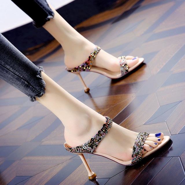 Slippers Feminine Rhinestone One and a Half Slippers 2024 Summer New Fashion Versatile Open Toe Stiletto High Heel Sandals