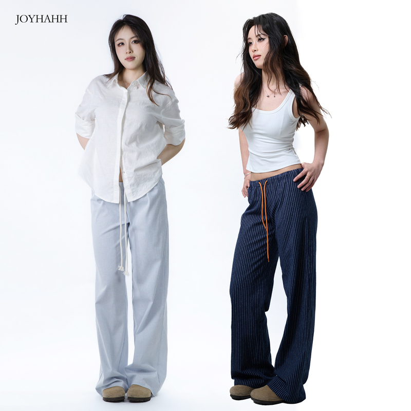 Joyhahh - Striped Narrow-Fit Low-Waist Cotton Straight-Leg Pants, Casual Versatile Long Pants for Women, Autumn Drawstring Loose Fit