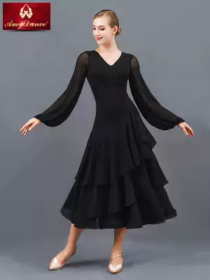 Amy dance dress social dance dress new slim V-collar cake skirt lantern sleeve modern dance practice dress