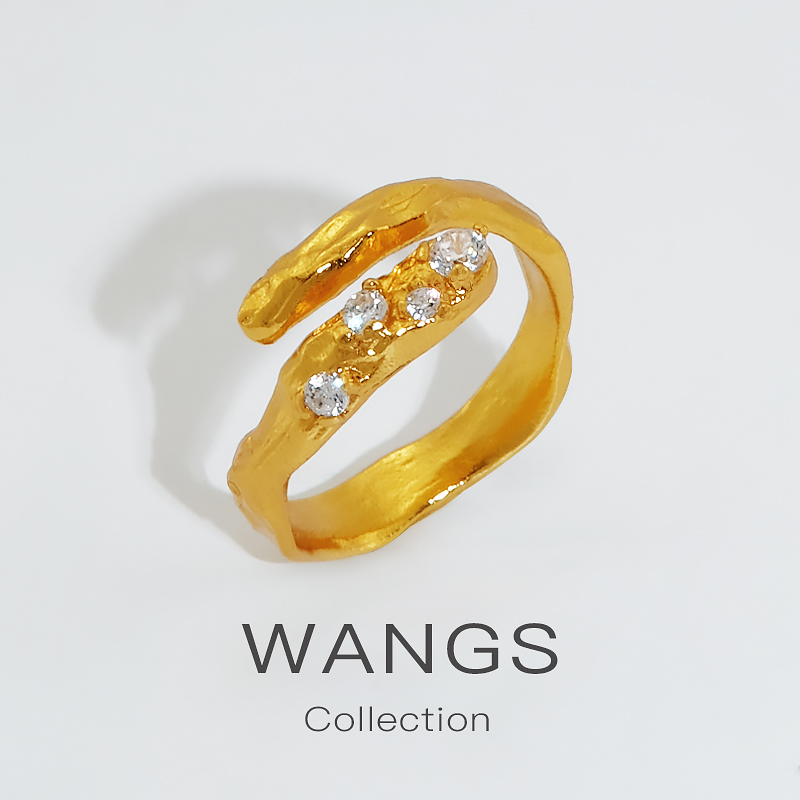 WANGS irregular open ring French vintage crystal solid silver 18K gold - plated light luxury commuter ring