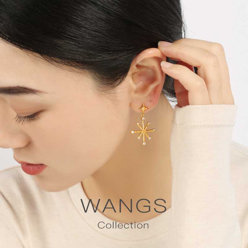 WANGS Snow Zircon Earring French Re - ancient Light Commuter Light - and - Light Light Silver 18k gold - plated ear needle woman