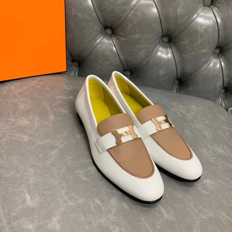 White With Brown (Lemon Yellow Inside)Original factory H buckle Flat bottom Retro Britain Women's Shoes h Carrefour shoes genuine leather Single shoes Versatile Casual shoes tassels Small leather shoes