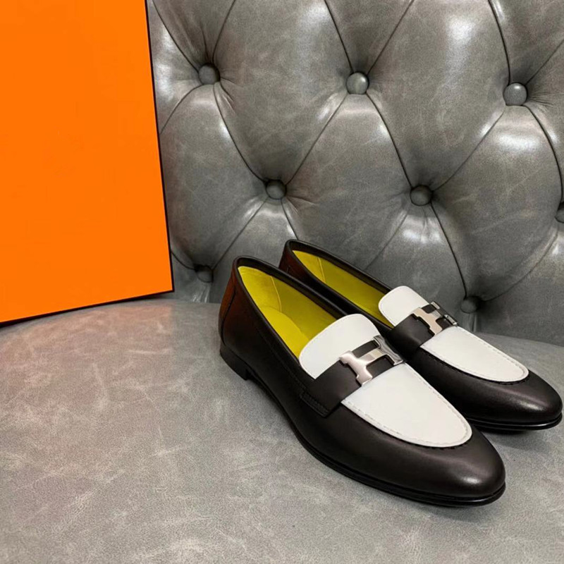 Black And White (Lemon Yellow Inside)Original factory H buckle Flat bottom Retro Britain Women's Shoes h Carrefour shoes genuine leather Single shoes Versatile Casual shoes tassels Small leather shoes