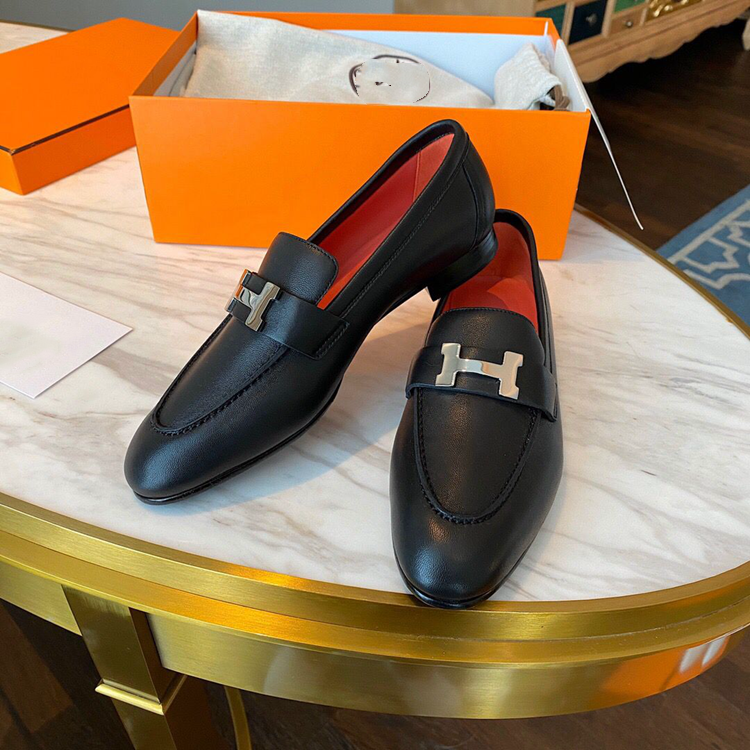Black LeatherOriginal factory H buckle Flat bottom Retro Britain Women's Shoes h Carrefour shoes genuine leather Single shoes Versatile Casual shoes tassels Small leather shoes