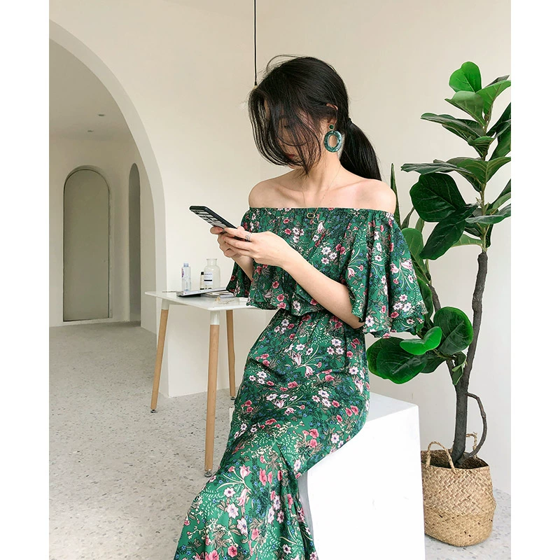 Xương đòn một vai váy mùa hè của phụ nữ voan ống đứng đầu quây bãi biển đuôi cá váy hoa mỏng diềm - váy đầm