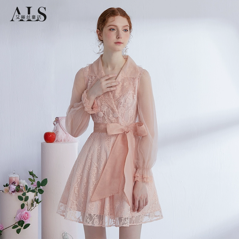 Alice 2021 mùa thu phong cách mới màu hồng ren thêu váy ngọt ngào phù hợp với phụ nữ cổ áo váy eo cao cổ điển - Váy eo cao