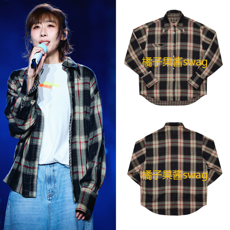 Ren Suxi Music Festival Style Loose Casual Retro Double-Sided Plaid Shirt Women's Long-Sleeved Plaid Shirt Top