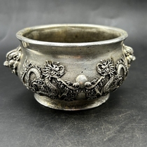 Antiques and Miscellaneous Incense Burner Double Dragon Incense Burner Silver-plated Copper Incense Burner Home Craft Ornaments Small Bronze Ware