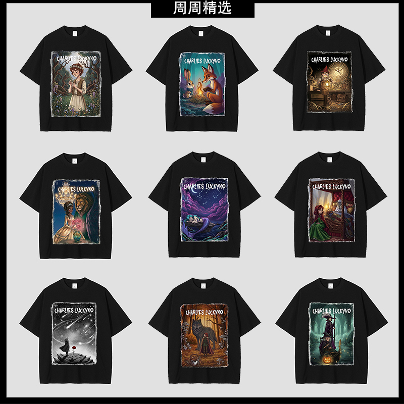 American-Style Trendy Brand Heavyweight Pure Cotton Dark Fairy Tale Art Digital Eco-Friendly Direct Print Celebrity-Inspired Couple Short-Sleeve T-Shirt