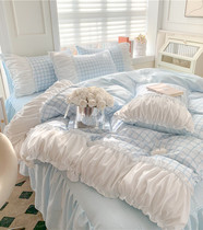 ins princess style bed skirt four-piece set solid color girls heart can sleep naked bed sheet quilt cover three-piece bedding set 4