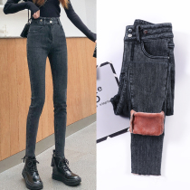 Plus velvet jeans womens autumn and winter 2021 New High waist slim tight wearing thick velvet pants