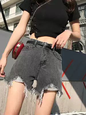 Wool denim shorts women's summer thin high waist loose thin a-shaped wide leg hole 2021 new hot pants