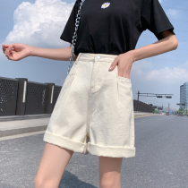 High-waisted denim five-point pants womens summer 2021 new summer loose high-waisted Hong Kong flavor pants straight tube wide leg shorts