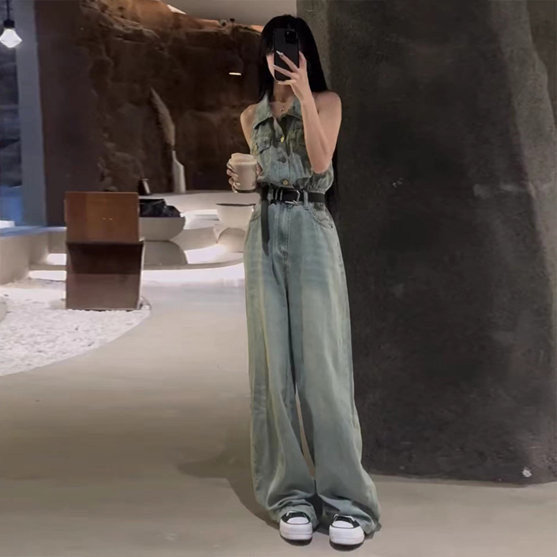 Retro Denim Vest Jumpsuit for Women, Summer 2024 New High-Waisted Straight Wide-Leg Pants, Age-Reducing Loose Jumpsuit