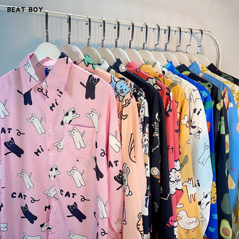 Japanese Sweet College Style Cartoon Fun Print Long-Sleeve Shirt Unisex Retro Unique Dopamine Shirt Jacket